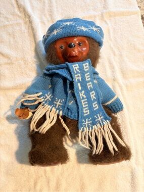 Robert Raikes 1985 Vintage Blue Knit Bear Doll with Matching Hat & Scarf